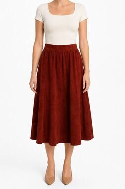 Nuance Women's Red Suede Leather A-Line Midi Skirt Size 6 Vintage Fall Fashion